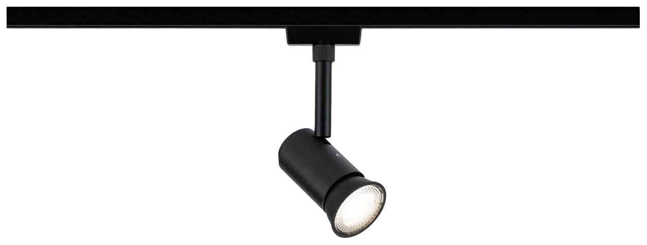 Un faretto nero è appeso a una guida, illuminando lo spazio in modo mirato. Adatto per gallerie d'arte o ambienti domestici moderni.
