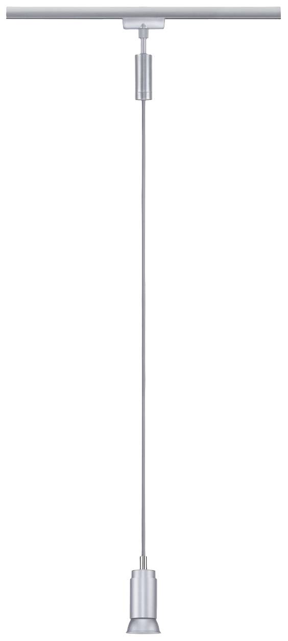 Una moderna lampada a sospensione argentata con un cavo sottile e lungo. È essenziale e adatta a un design d'interni contemporaneo.