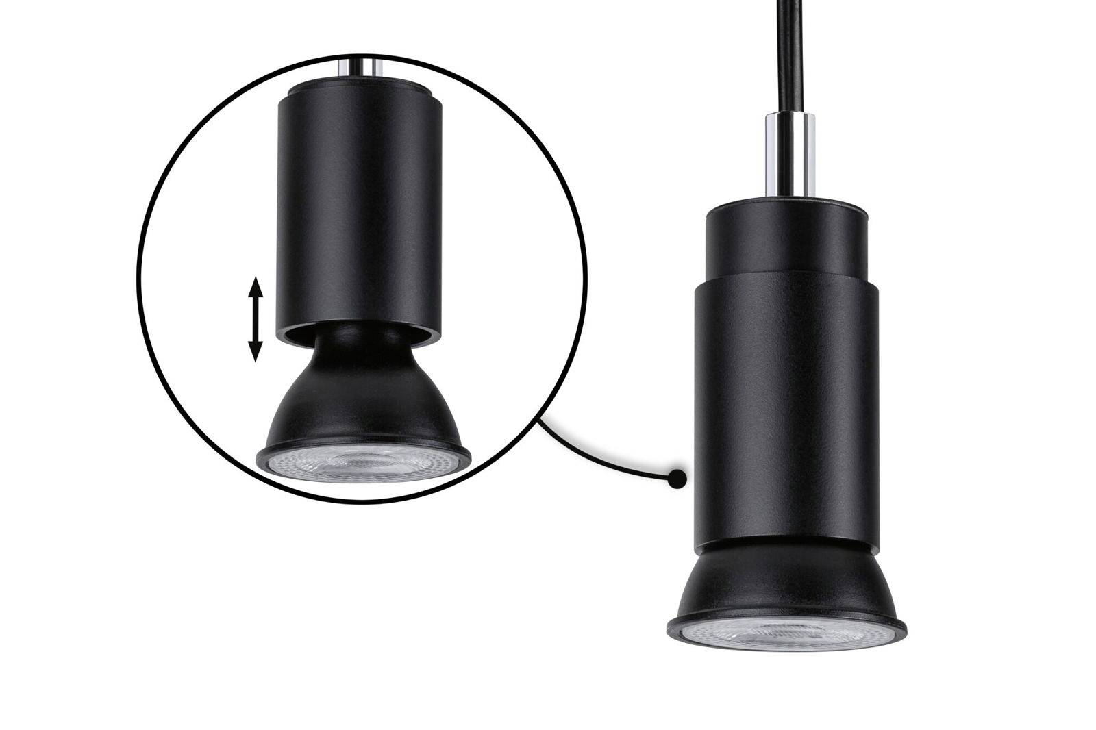 Lampada a sospensione cilindrica nera con anello decorativo, mostra un primo piano dell'angolo di illuminazione regolabile.