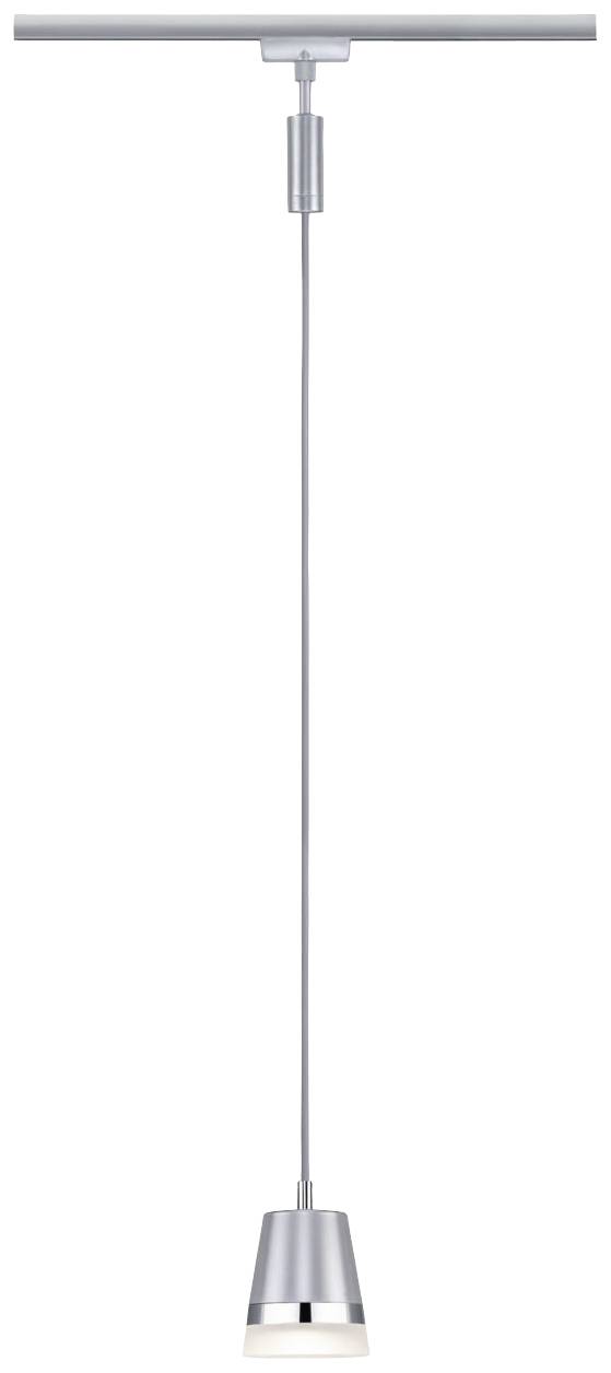 Lampada a sospensione argentata dal design sottile e moderno, appesa a un'asta esile, ideale per arredamenti minimali.