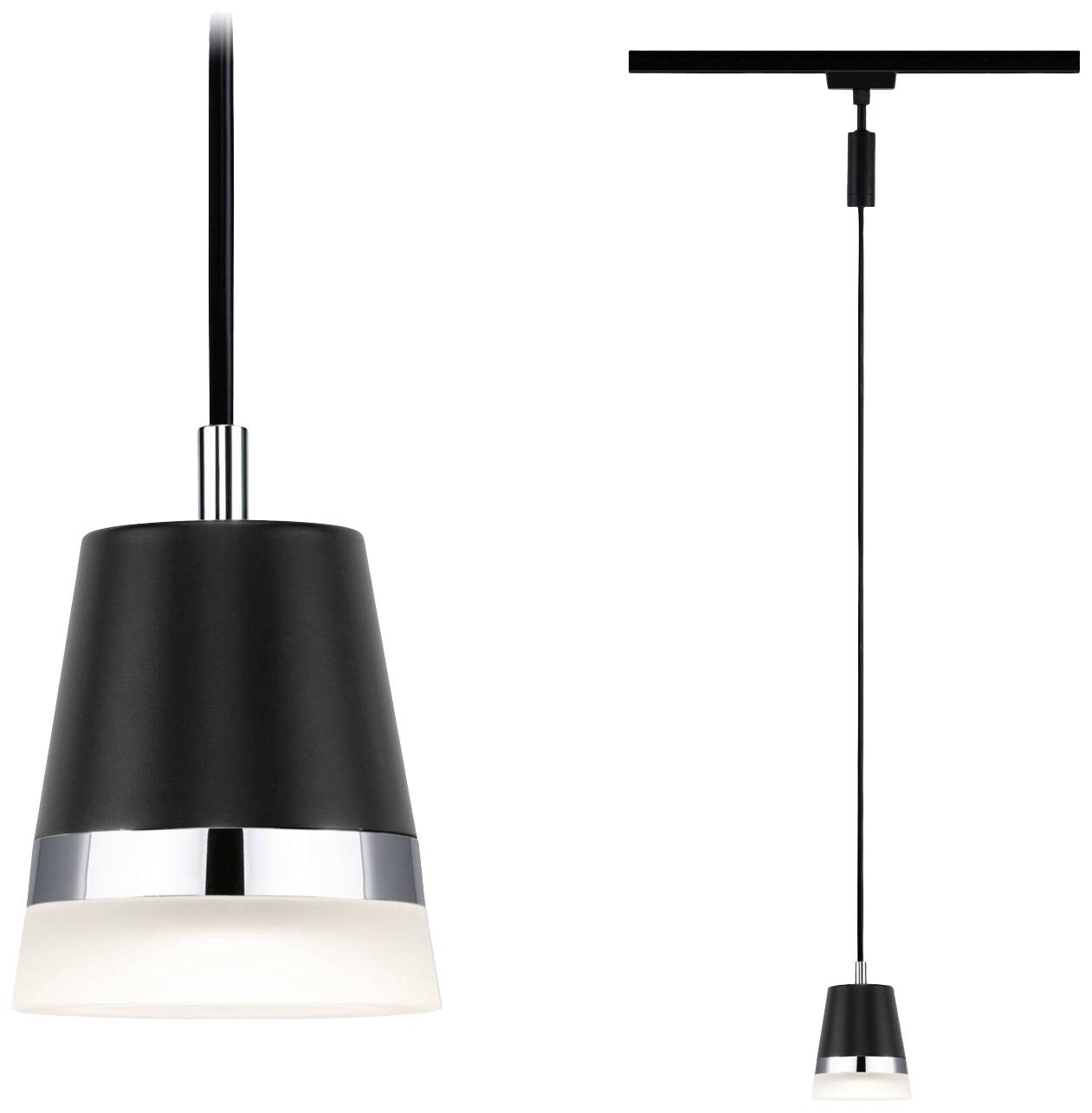 Una moderna lampada a sospensione nera con un sottile anello argentato e illuminazione diffusa, appesa a un cavo nero da una rotaia.