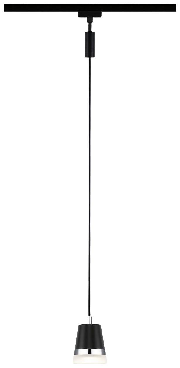 Lampada a sospensione nera con un design sottile e moderno, appesa a un lungo cavo da un supporto a soffitto nero.