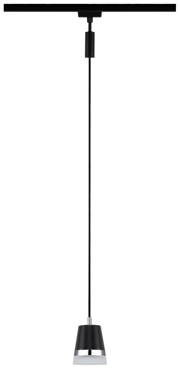 Lampada a sospensione con paralume nero, design moderno e semplice, sospesa da un supporto da soffitto nero. Ideale per ambienti minimali.