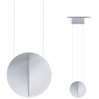Lampada da soffitto rotonda, moderna, con design essenziale in metallo argentato. Aspetto di una sospensione con due elementi circolari.