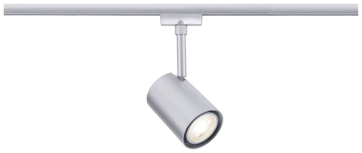 Un singolo faretto LED cilindrico in metallo è montato su una rotaia. Illumina verso il basso.