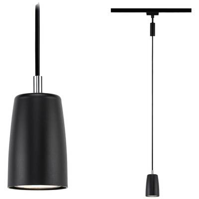 Una lampada a sospensione nera pende dal soffitto. A sinistra un primo piano del paralume, a destra la lampada completa con il cavo.