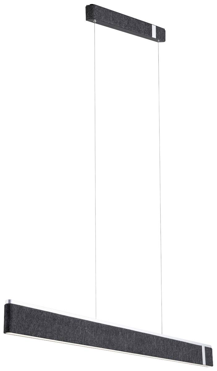 Lampada a sospensione dal design sottile e rettangolare in nero e argento, sospesa da due cavi sottili; aspetto moderno e minimalista.