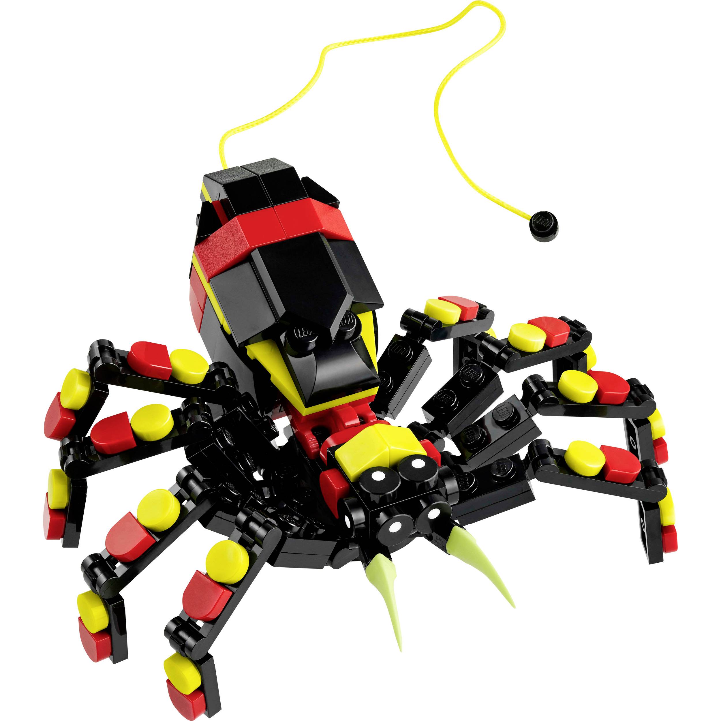 Ragno LEGO nero e rosso con motivi gialli e neri, accuratamente progettato con zampe mobili e un filo giallo.