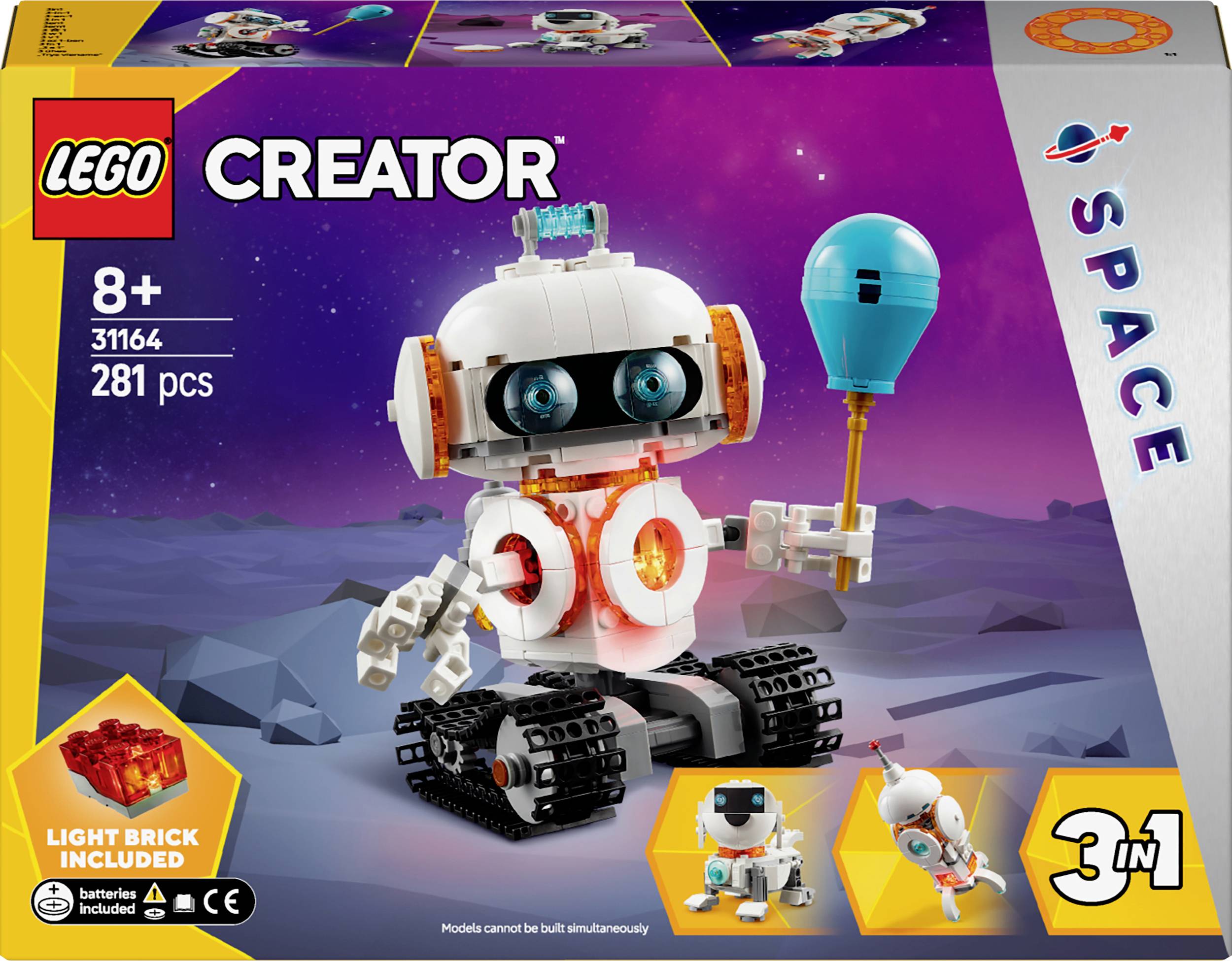'LEGO Creator Set 31164: Robot sulla superficie del pianeta tiene un palloncino blu. Per bambini dagli 8 anni in su. Contiene 281 pezzi, incluso un mattoncino luminoso.'