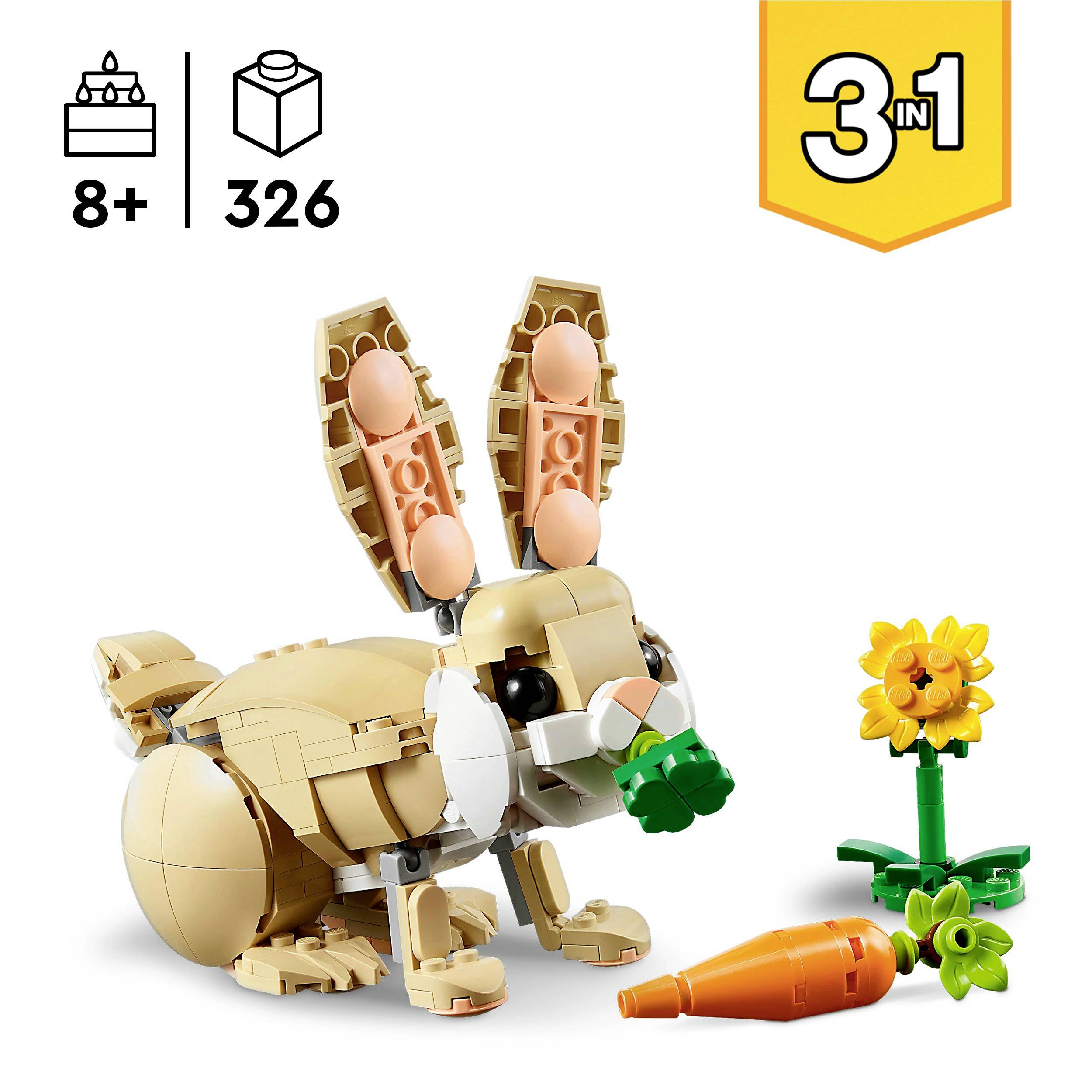 Set LEGO '3 in 1' per bambini dagli 8 anni. Contiene 326 pezzi per costruire un coniglio, un fiore e una carota.