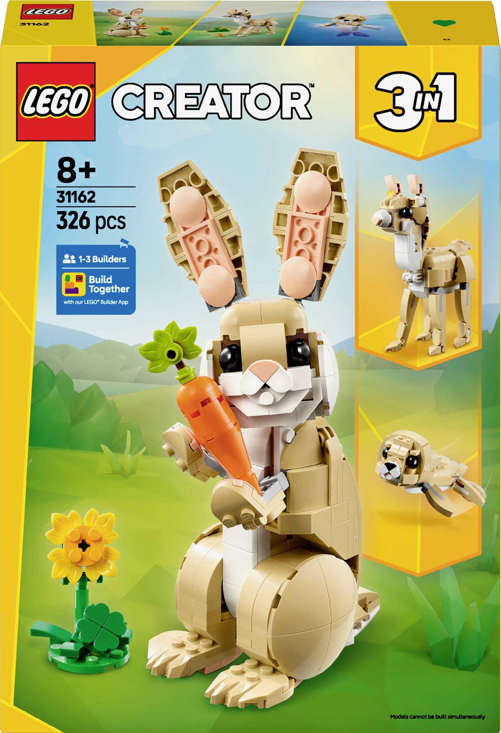 Set Lego a tema coniglio, adatto a bambini dagli 8 anni in su, 326 pezzi. Include opzioni di costruzione per coniglio, cane e lama.
