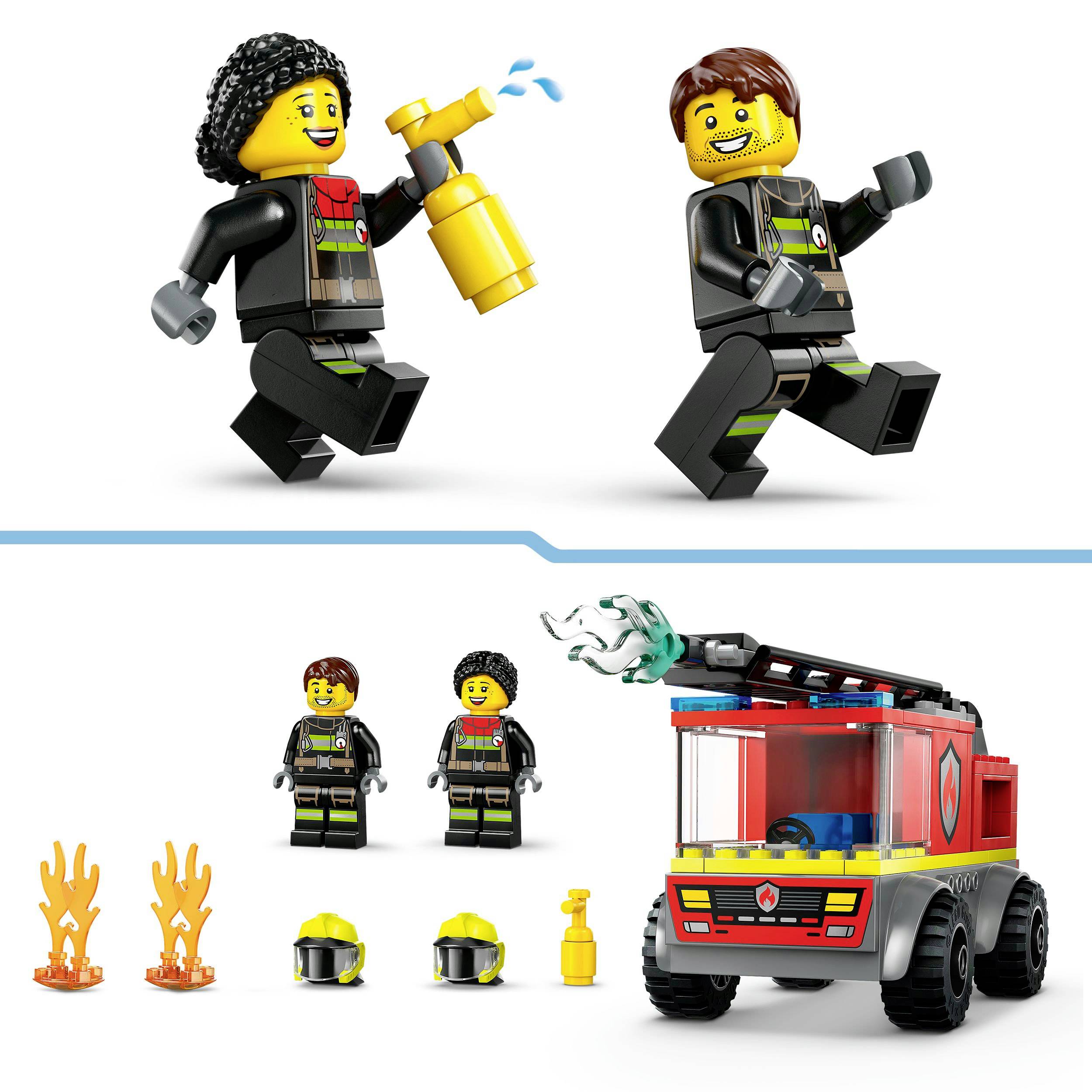Due figure Lego con tuta da pompiere, una con un estintore. Sotto un'auto dei vigili del fuoco rossa, fiamme e caschi rappresentati.