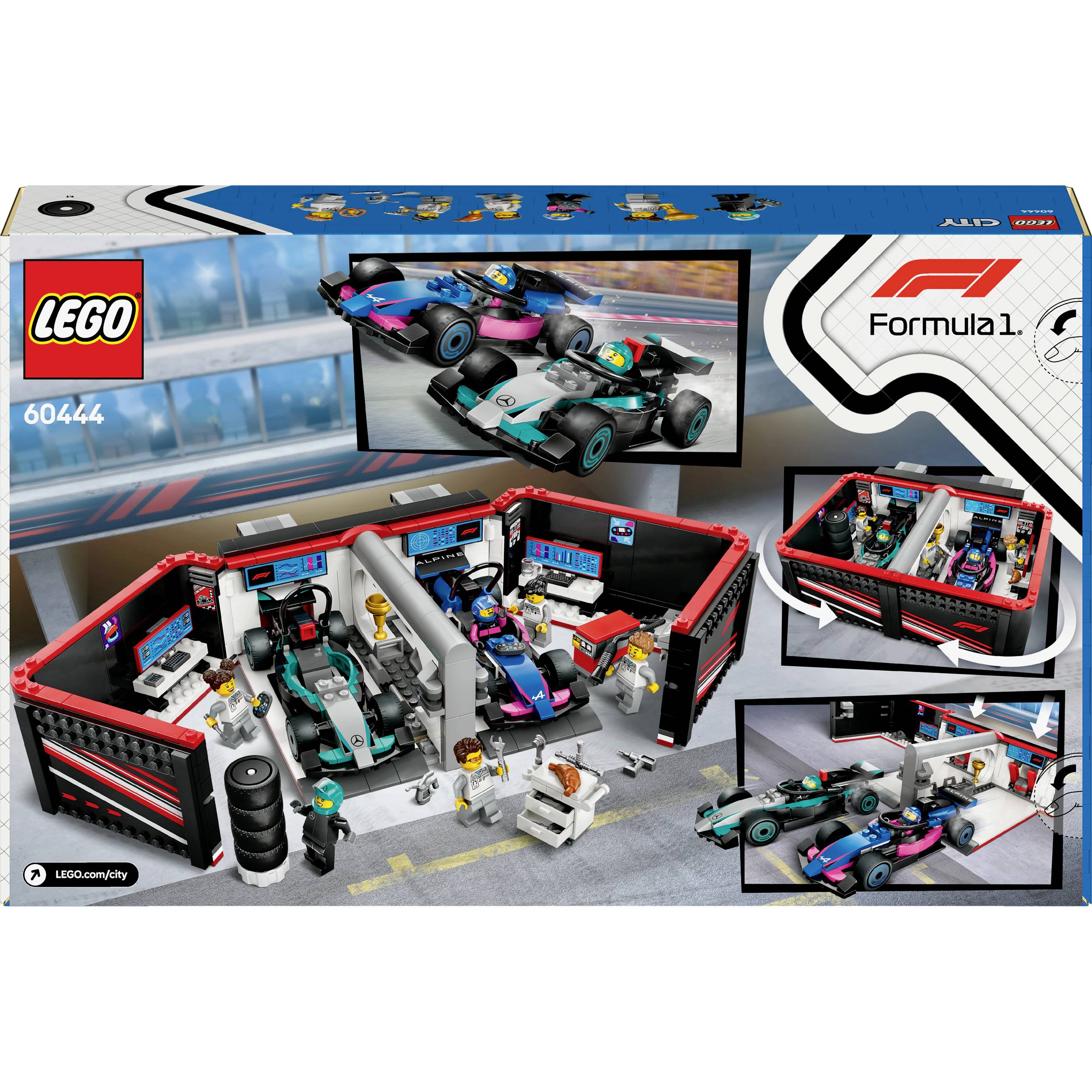 Set 'LEGO Formula 1' con auto e figure in scatola raffigurato. Mostra una scena di gara di Formula 1 con un pit stop e accessori.
