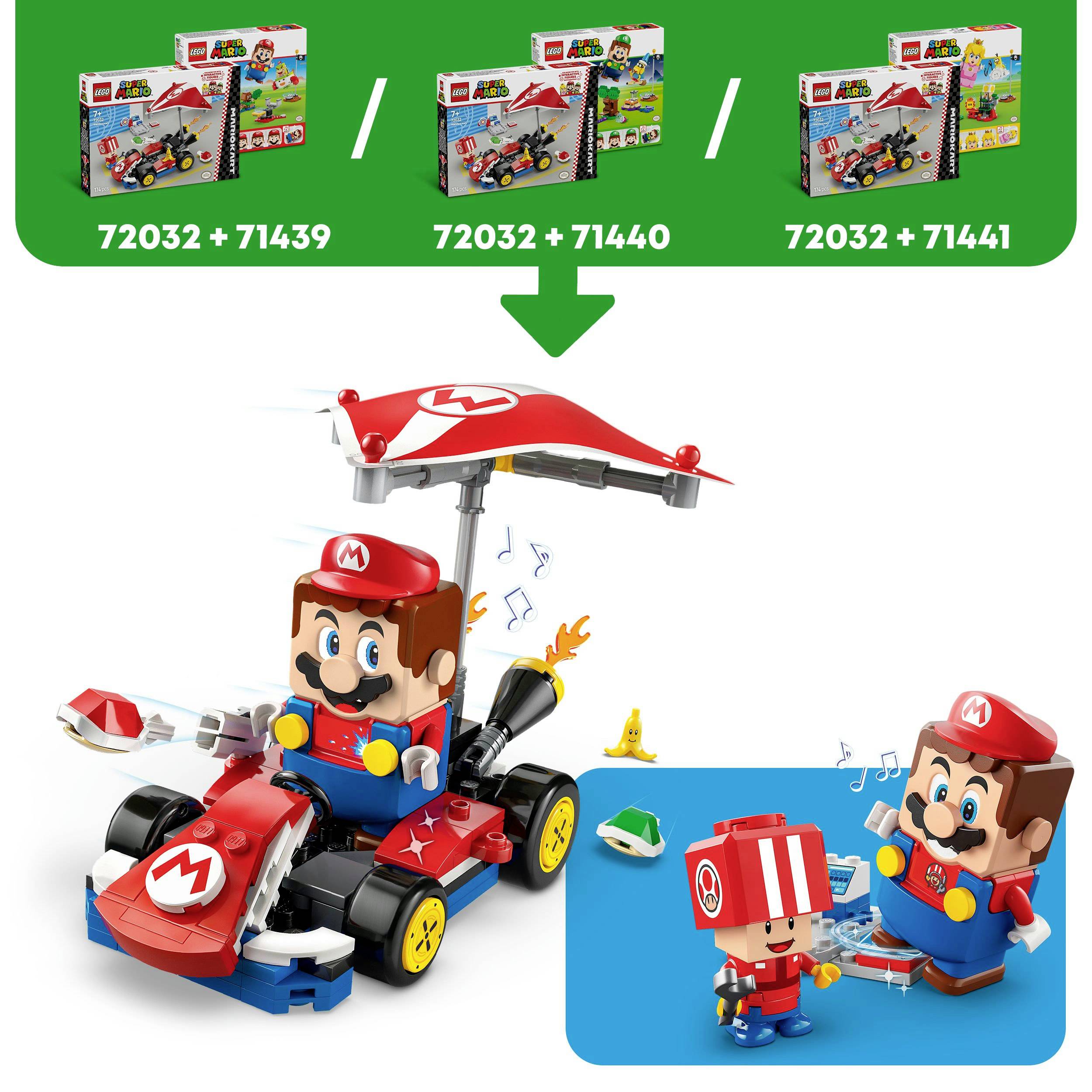 Tre set LEGO Super Mario vengono assemblati. In alto le confezioni dei set, in basso una scena di costruzione Mario completa con auto e personaggi.