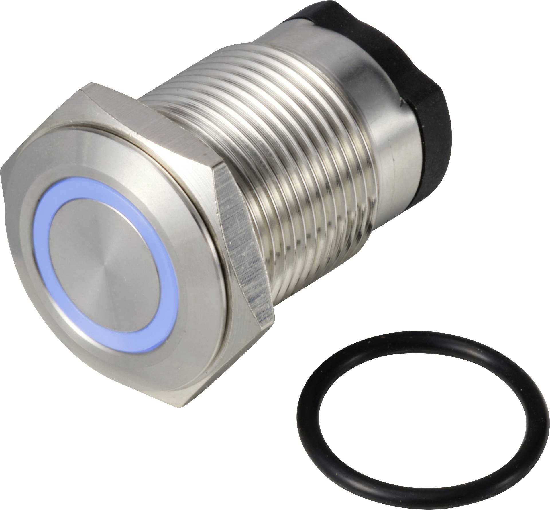 Un pulsante argentato con anello luminoso blu, con accanto un anello di gomma nero.