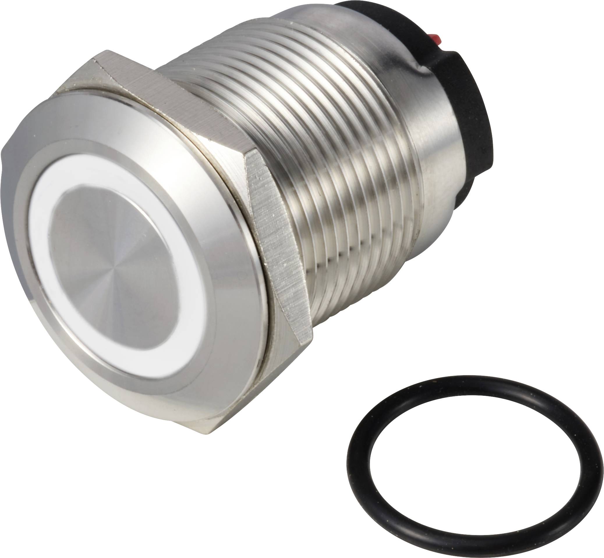 Un pulsante cromato con anello LED e guarnizione in gomma nera, idoneo per macchine e applicazioni industriali.
