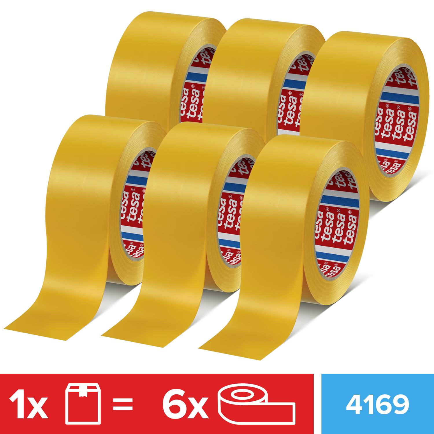 Sei rotoli di nastro adesivo giallo Tesa, codice articolo 4169, vengono presentati in confezione con l'etichetta '1x = 6x'.