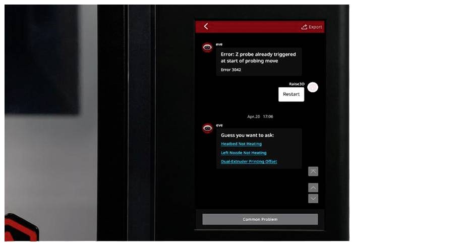 Schermo mostra messaggi di errore: 'Errore 1' ed 'Errore 364'. L'utente risponde con 'Riavvia'. Opzioni: 'Riscaldamento Non Funzionante', 'Ugello Sinistro Non Riscaldato'.