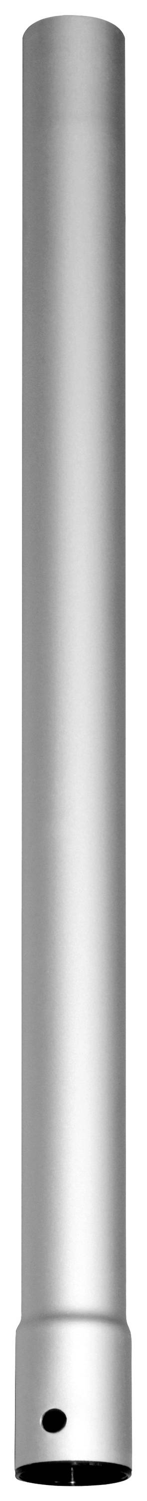 Un lungo tubo metallico cilindrico con superficie liscia argentata e una piccola apertura nera all'estremità inferiore, isolato su sfondo bianco.