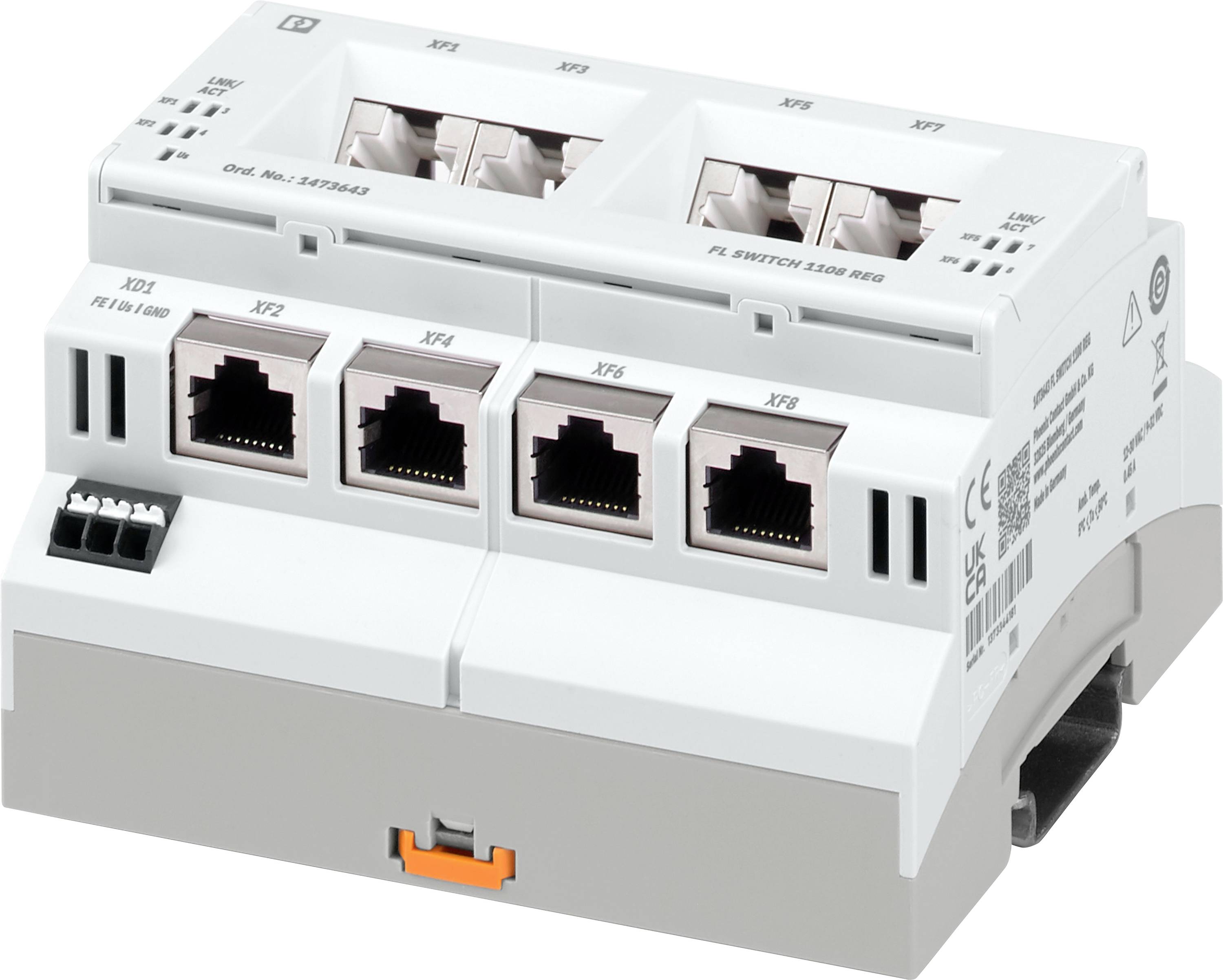 'Un switch Ethernet a otto porte, adatto per applicazioni di rete industriali, montato su guida DIN.'