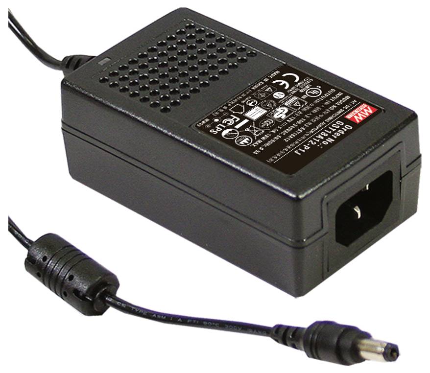 Un alimentatore nero con un cavo di alimentazione. Sull'apparecchio sono visibili specifiche tecniche e simboli di sicurezza.