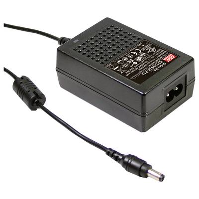 Alimentatore nero con motivo impresso e cavo. Contiene informazioni tecniche e simboli di sicurezza sulla parte superiore.