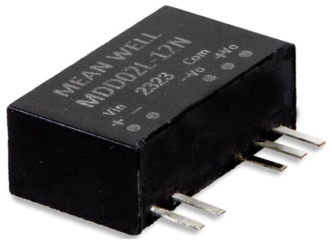 Blocco elettrico nero con scritto 'MEAN WELL MDD02L-12' e connettori su un lato, utilizzato per la regolazione della tensione.