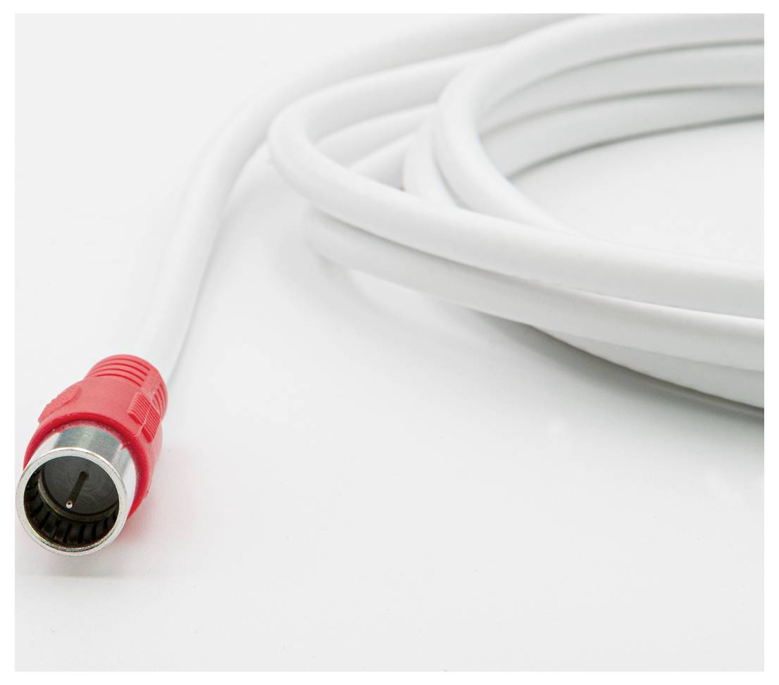 Un cavo coassiale bianco con connettore rosso su sfondo bianco, utilizzato per connessioni TV o satellitari.