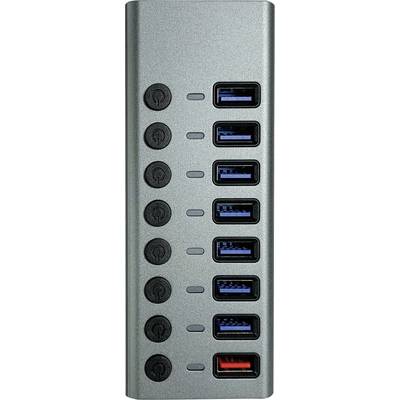 Un hub USB con sette porte USB 3.0, ciascuna con un interruttore di accensione/spegnimento accanto. La porta più in basso è contrassegnata in rosso.