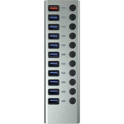 Barra hub USB argentata con dieci porte USB, di cui sette blu e tre rosse, con accanto dieci interruttori circolari neri di accensione/spegnimento.