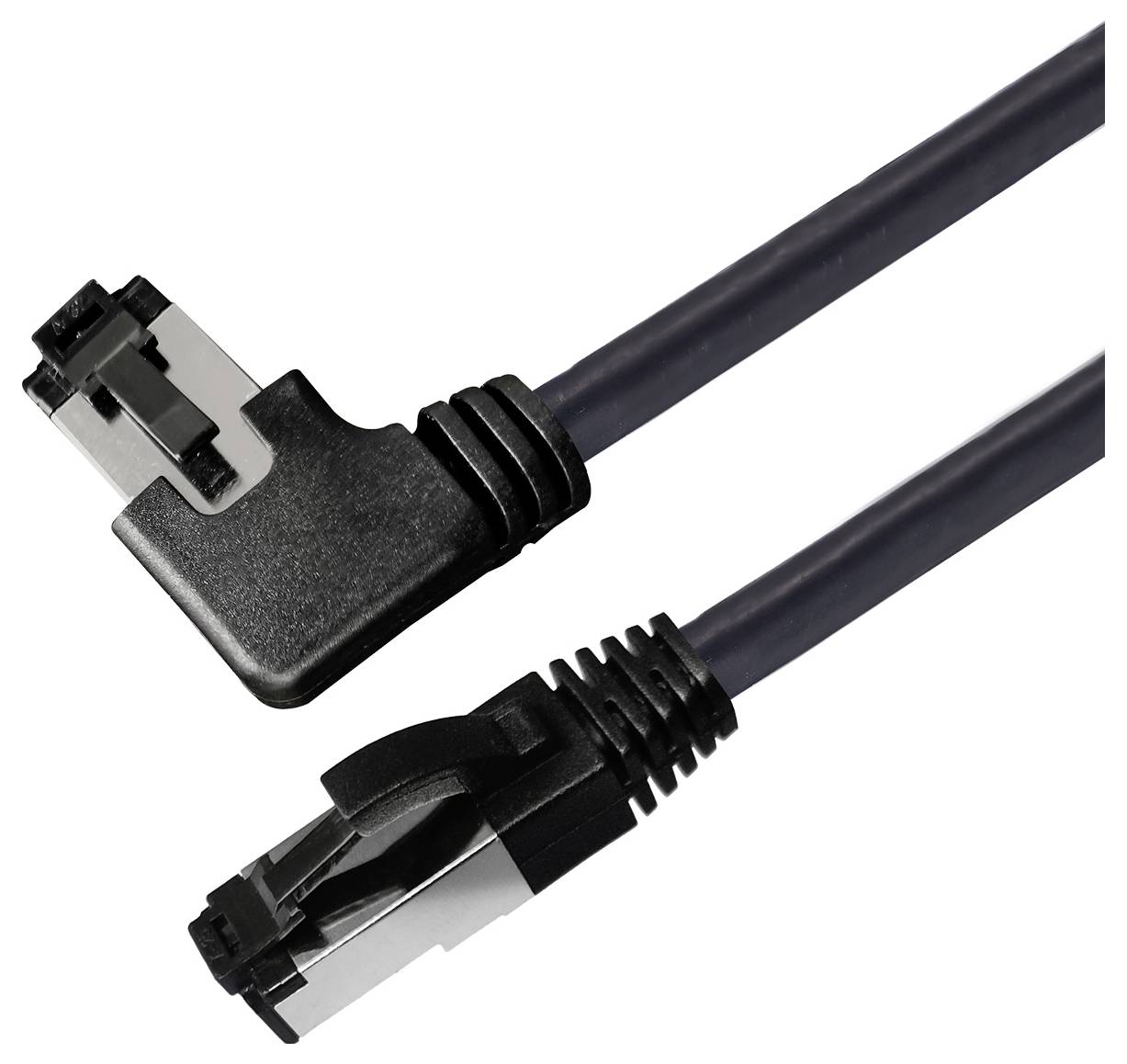 Un cavo dati SATA nero con un connettore dritto in basso e un connettore ad angolo in alto, comunemente utilizzato nei computer.