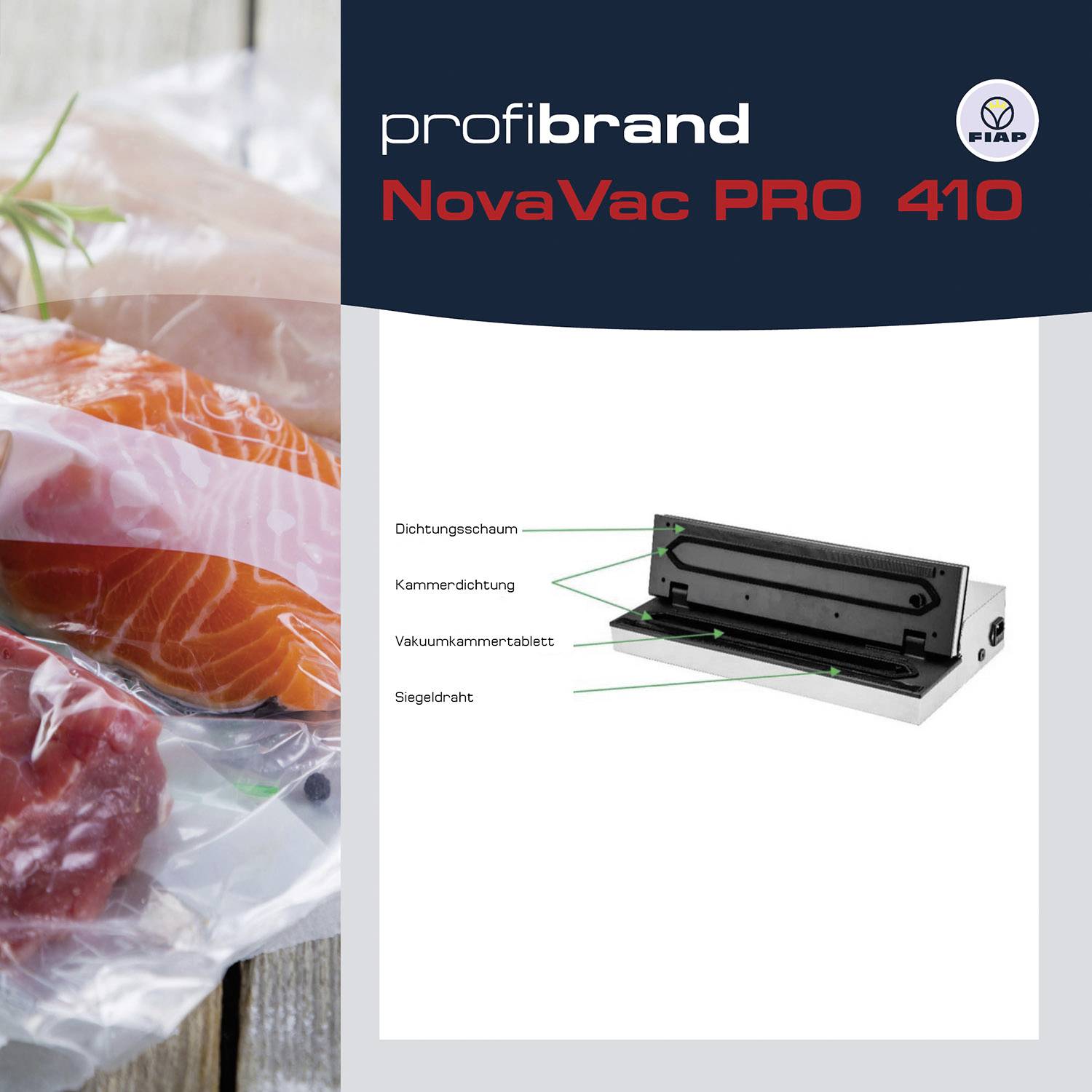 'Profibrand NovaVac PRO 410' Dispositivo per sottovuoto con immagine di un filetto di salmone sottovuoto. Dettaglio della striscia di sigillatura a destra.
