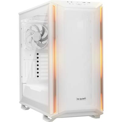 Un case per computer bianco con ventola laterale e luci LED arancioni sui bordi. Contrassegnato con 'be quiet!'.