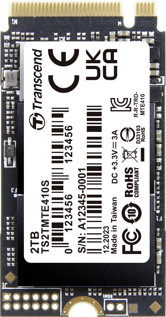 Modulo SSD da 2 TB di memoria, con logo del marchio e specifiche tecniche. Include marchi di certificazione come CE, UKCA e FCC.