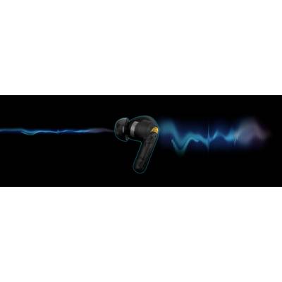 Un auricolare nero wireless con logo giallo, circondato da onde sonore blu su sfondo nero, simboleggia la qualità del suono.