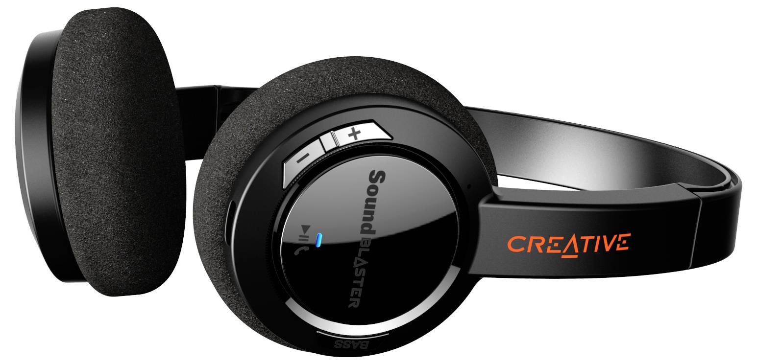 Cuffie nere Creative con regolatore del volume blu e scritta 'Sound Blaster' sul padiglione auricolare.