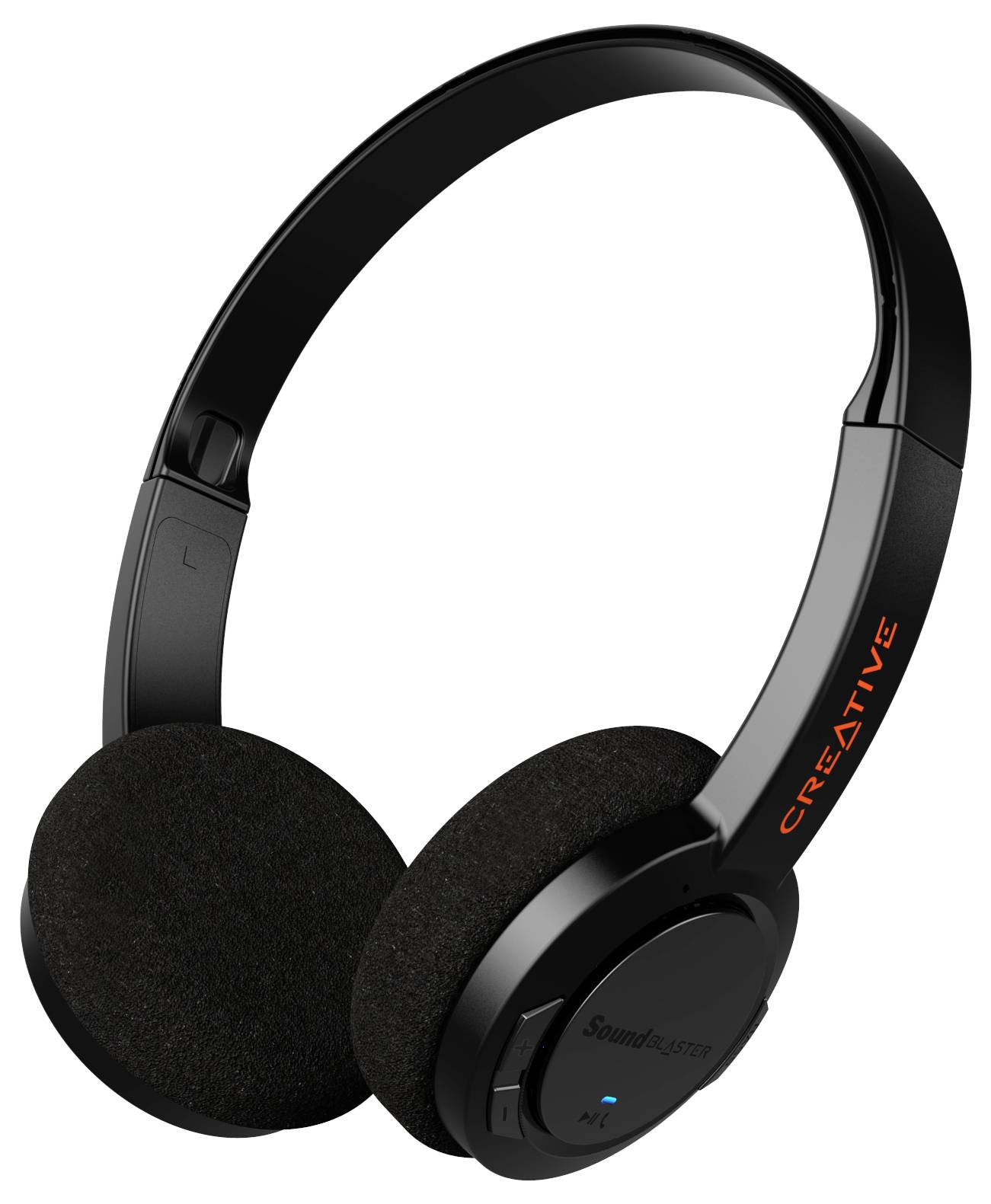 Cuffie wireless on-ear nere con imbottitura morbida per le orecchie e il marchio sul lato. Ideali per ascoltare musica in movimento.