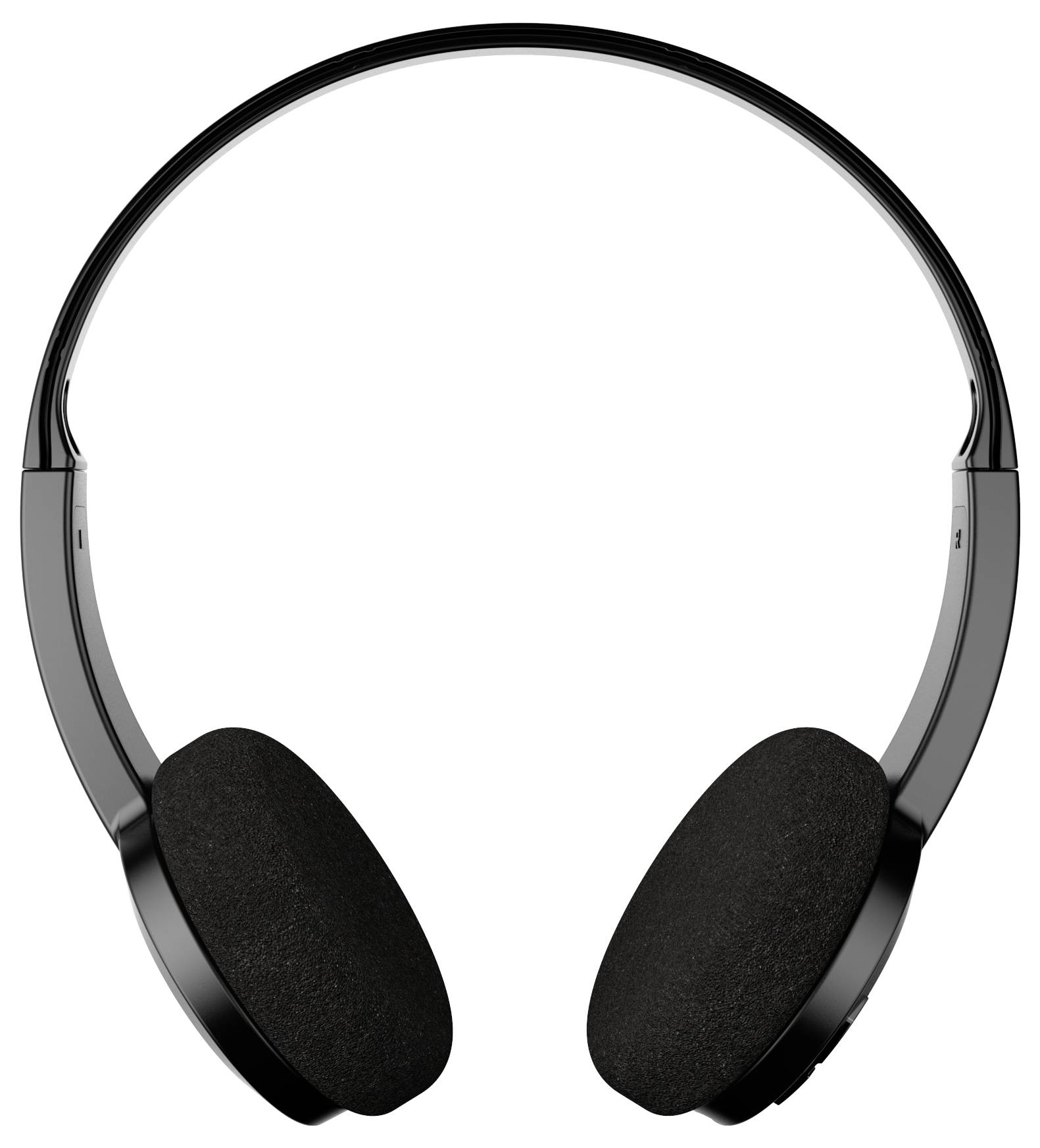 Cuffie on-ear nere su sfondo bianco, che mostrano un design minimalistico e moderno.