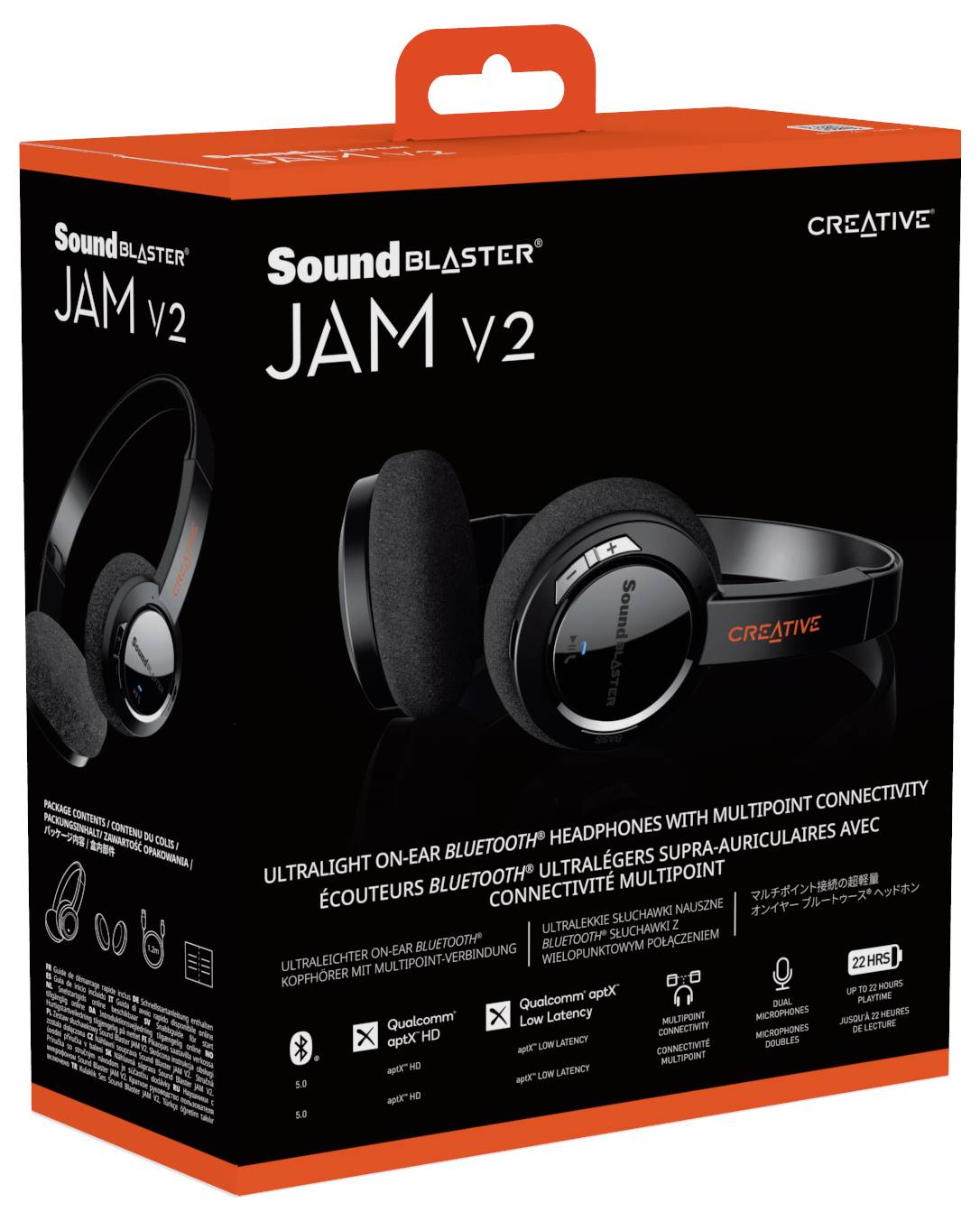 Confezione delle cuffie 'Sound Blaster JAM v2' con connettività Bluetooth, basso consumo energetico e connessione multipoint.