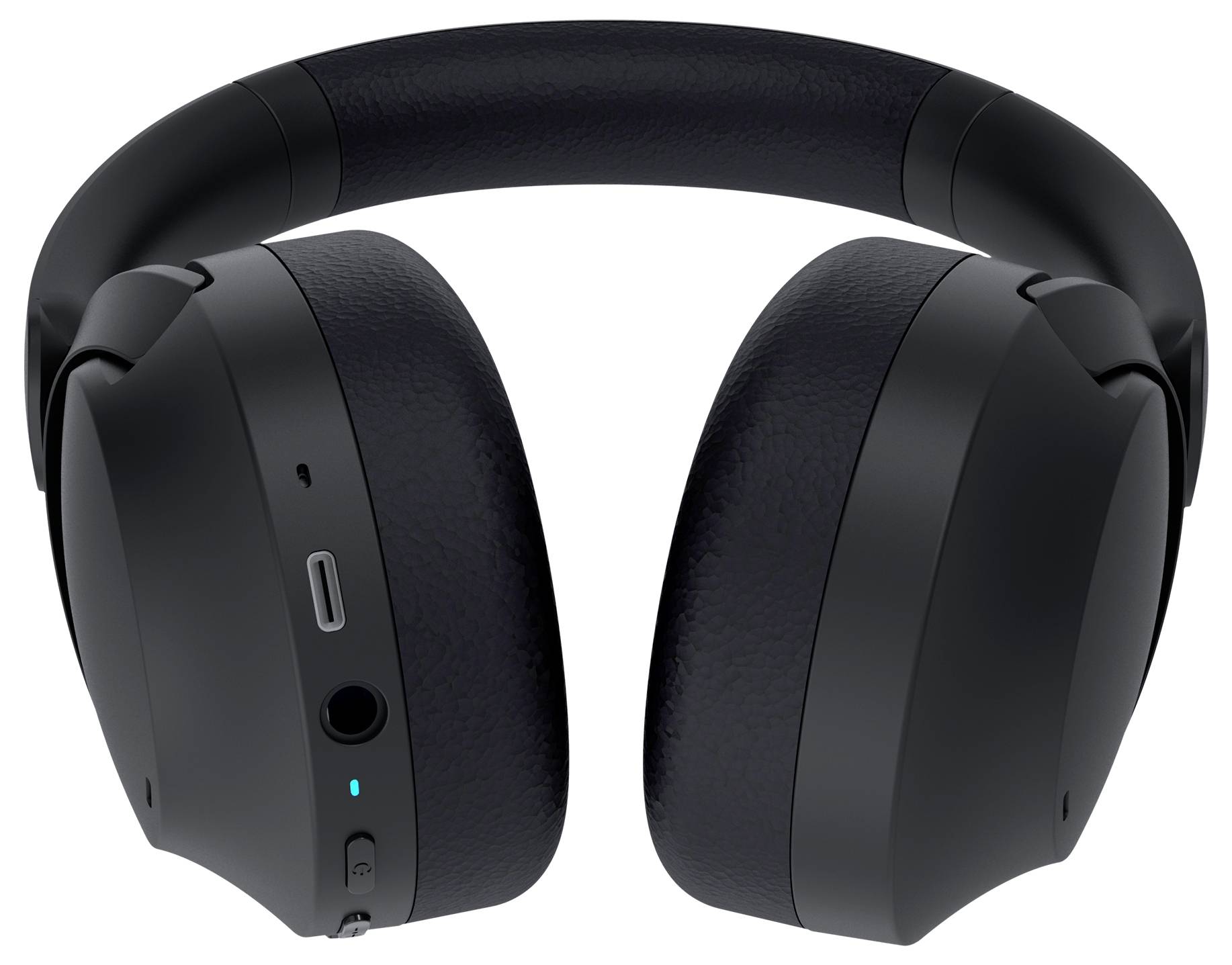 Cuffie over-ear nere con connessioni visibili sul padiglione auricolare sinistro. Ideali per ascoltare musica o per l'uso in ufficio.