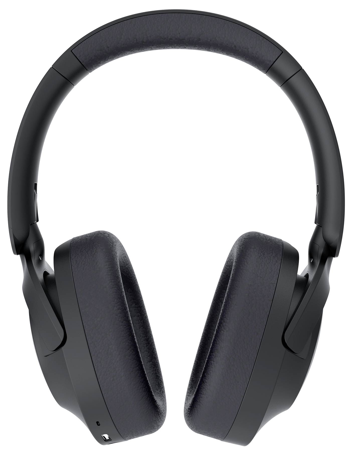 Cuffie over-ear nere senza fili su sfondo bianco.