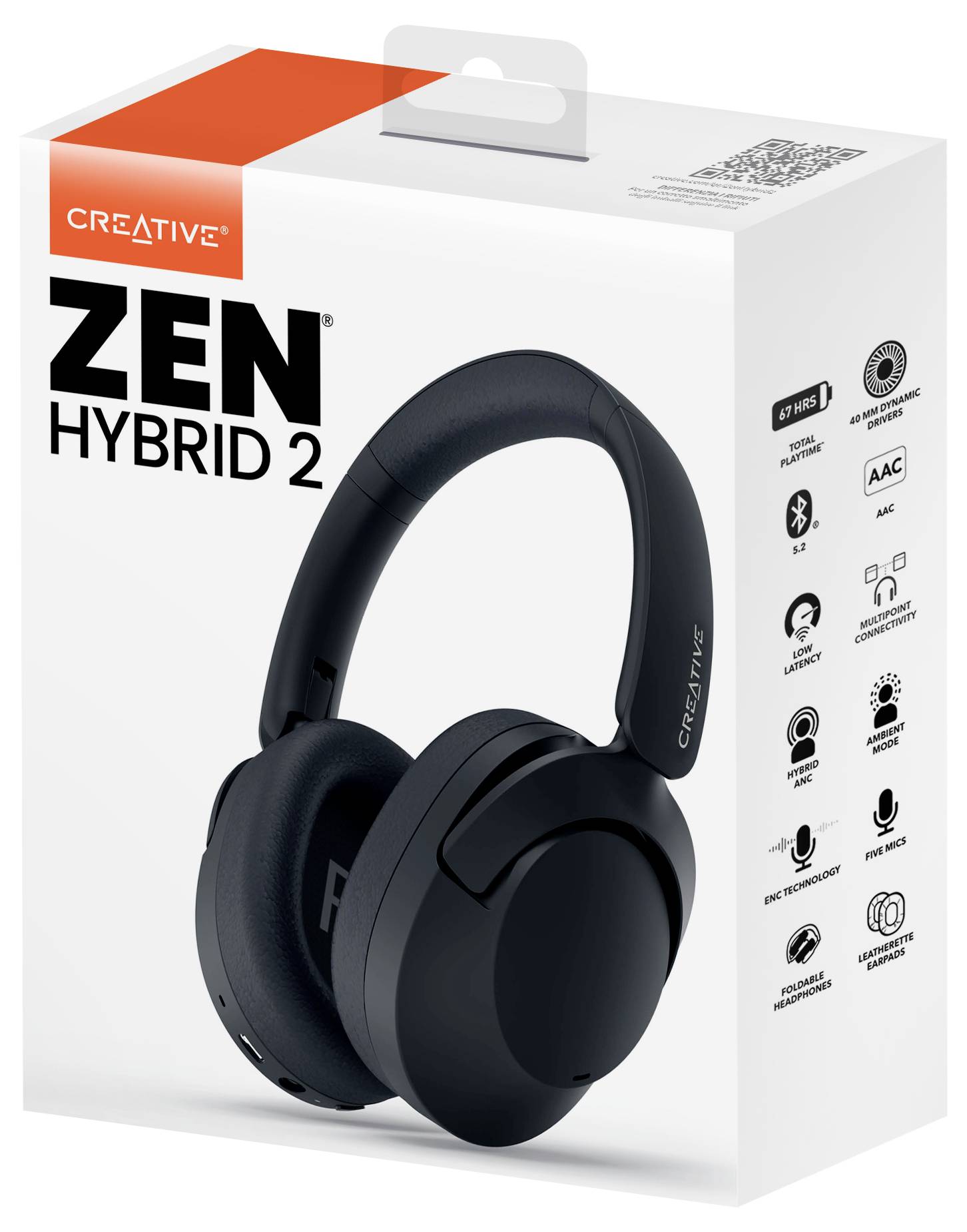 Confezione di cuffie wireless Creative Zen Hybrid 2. Evidenziati tratti come Bluetooth, cancellazione del rumore e lunga durata della batteria.
