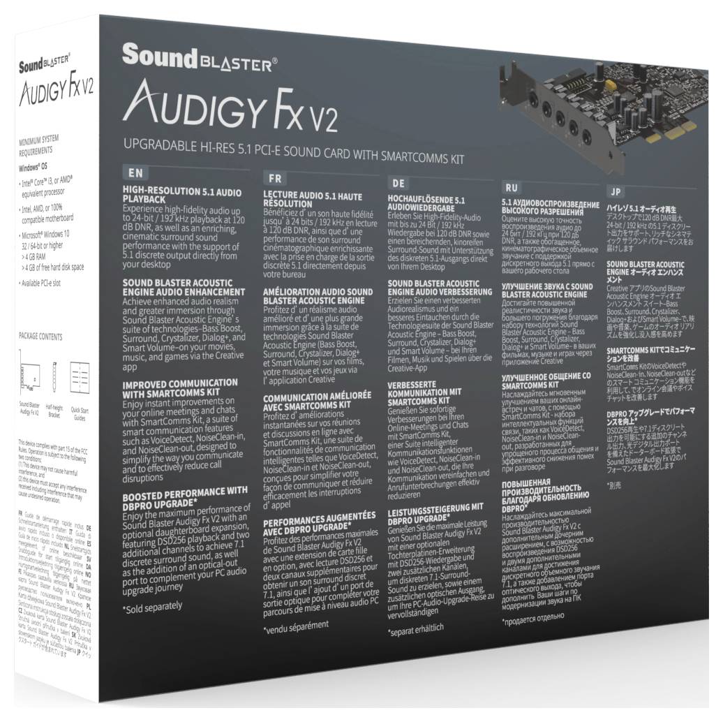 Confezione di scheda audio: 'Sound Blaster Audigy Fx V2', 5.1 PCIe, aggiornabile con kit Smartcomms. Informazioni prodotto multilingue.