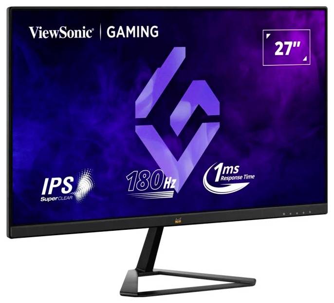 Monitor da gaming da 27 pollici, con frequenza di aggiornamento di 180Hz e tempo di risposta di 1ms. Marca 'ViewSonic', con tecnologia IPS SuperClear.
