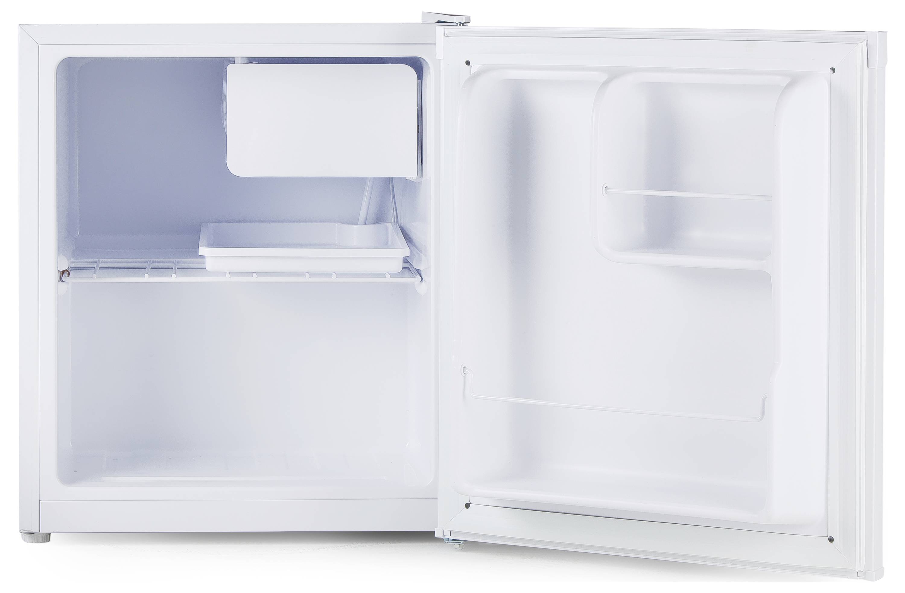 Piccolo frigorifero bianco aperto, con vano congelatore in alto. Interno vuoto. Ideale per spazi ristretti o uffici.