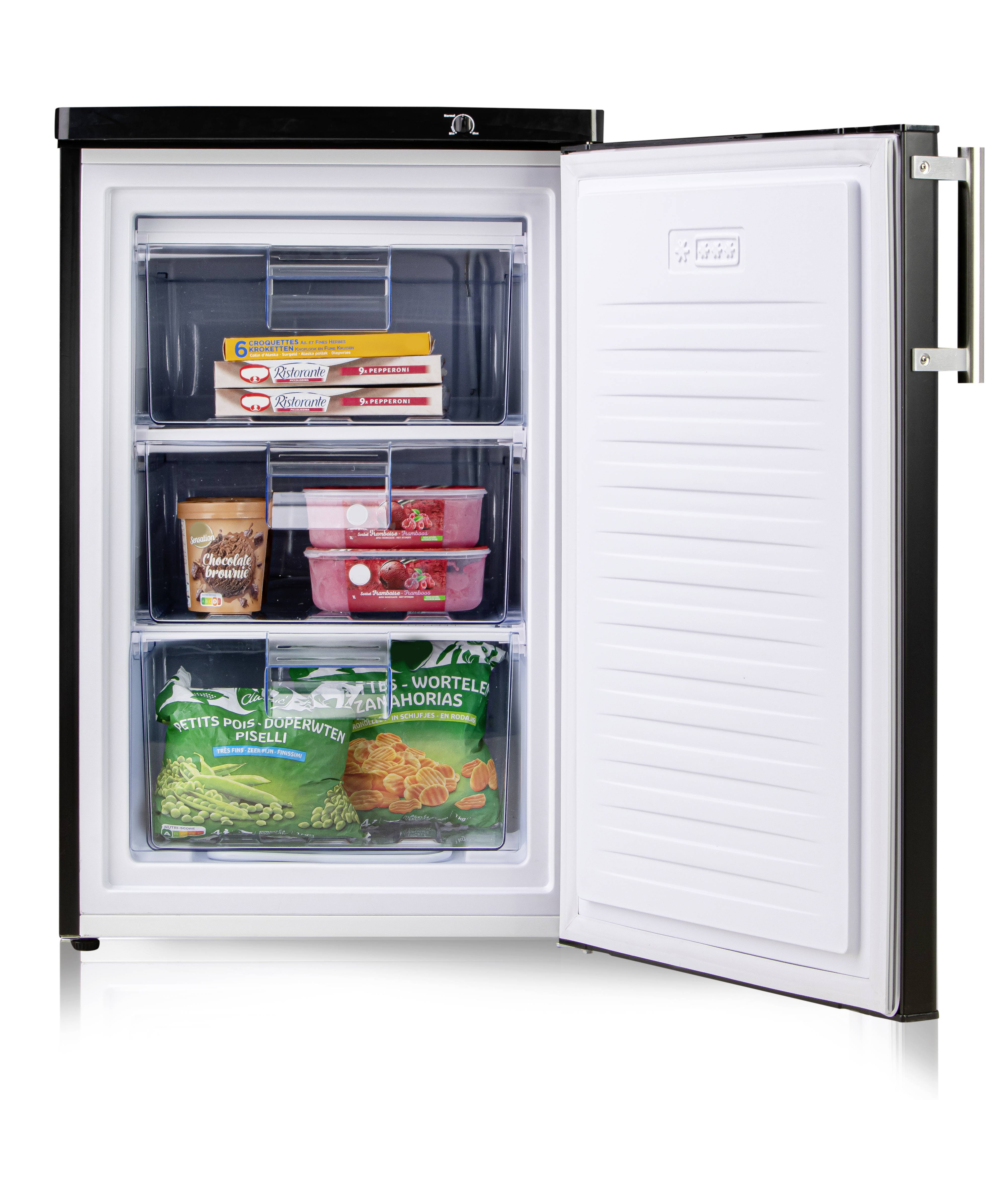 Un freezer aperto con cassetti, pieno di pizze, gelato, fragole e verdure surgelate.