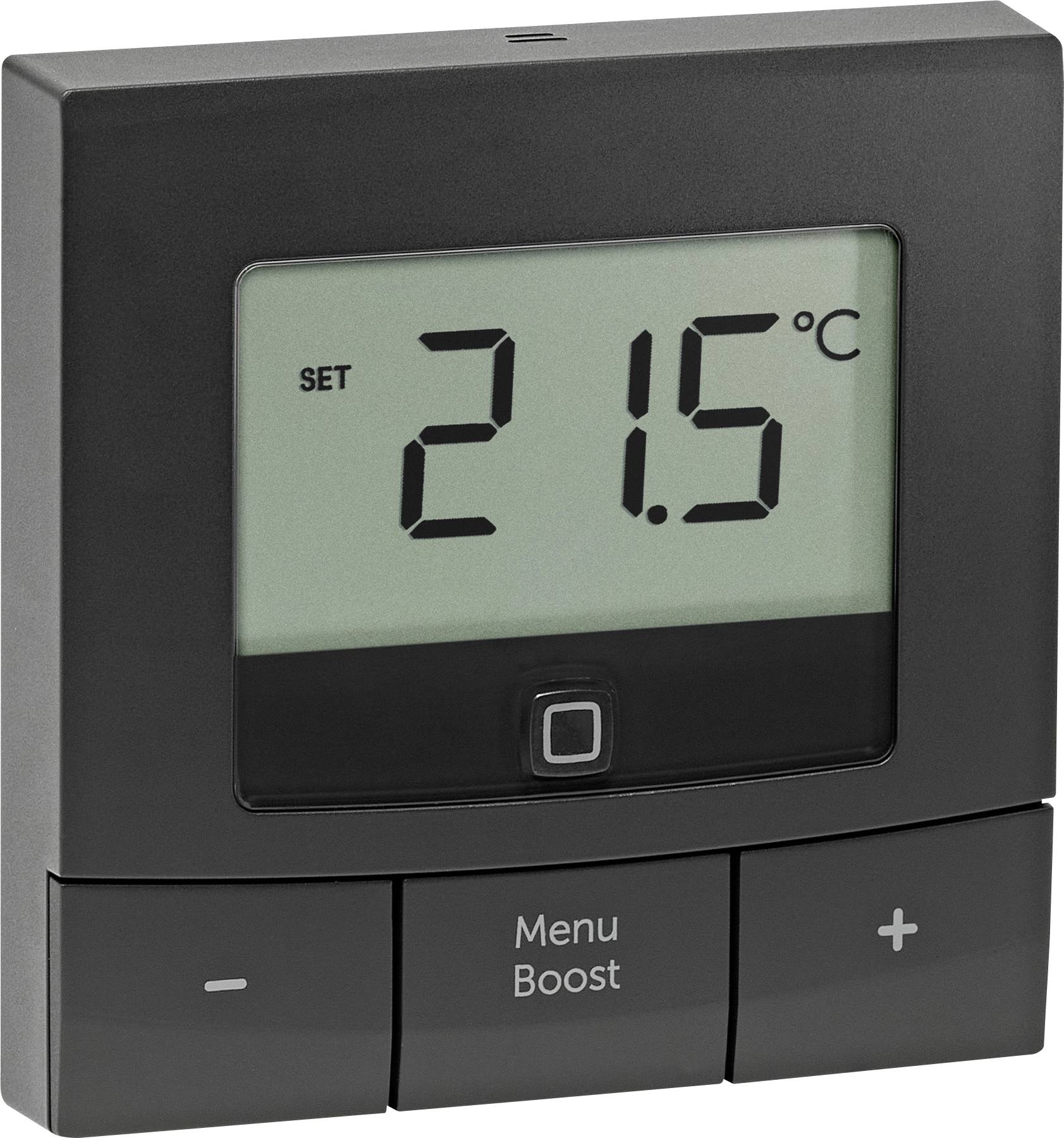 Un termostato con un display che mostra '21,5°C'. Sotto sono presenti pulsanti per 'Menu' e 'Boost'.