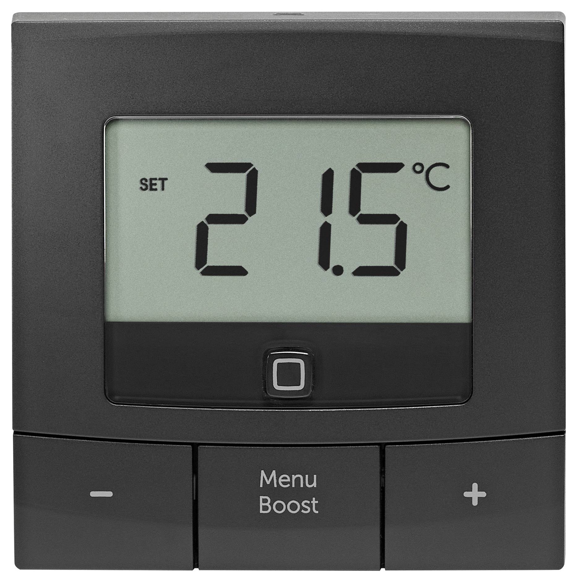Termostato digitale mostra '21,5°C'. Nella parte inferiore sono presenti tasti per l'accesso al menu e la regolazione della temperatura.