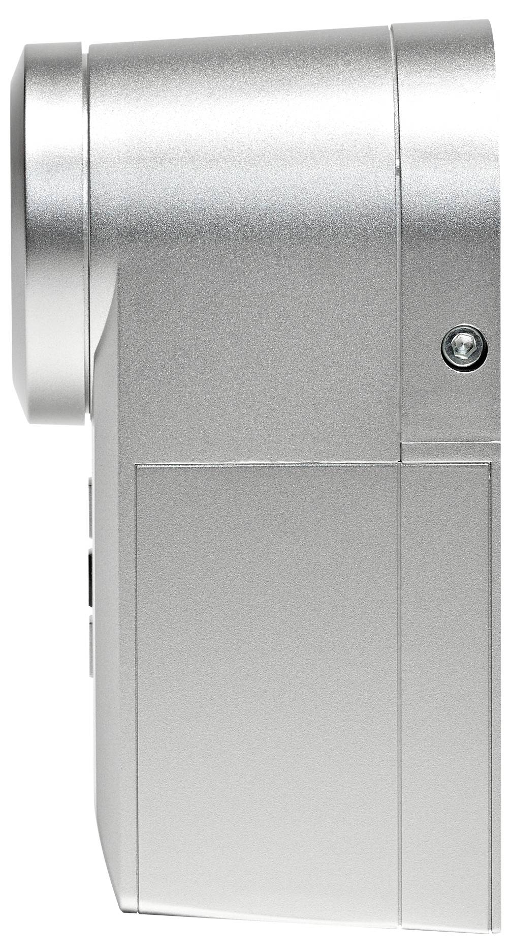 Custodia della fotocamera color argento ripresa di lato, senza alcun marchio o identificazione del modello riconoscibile. A sinistra è visibile l'obiettivo.