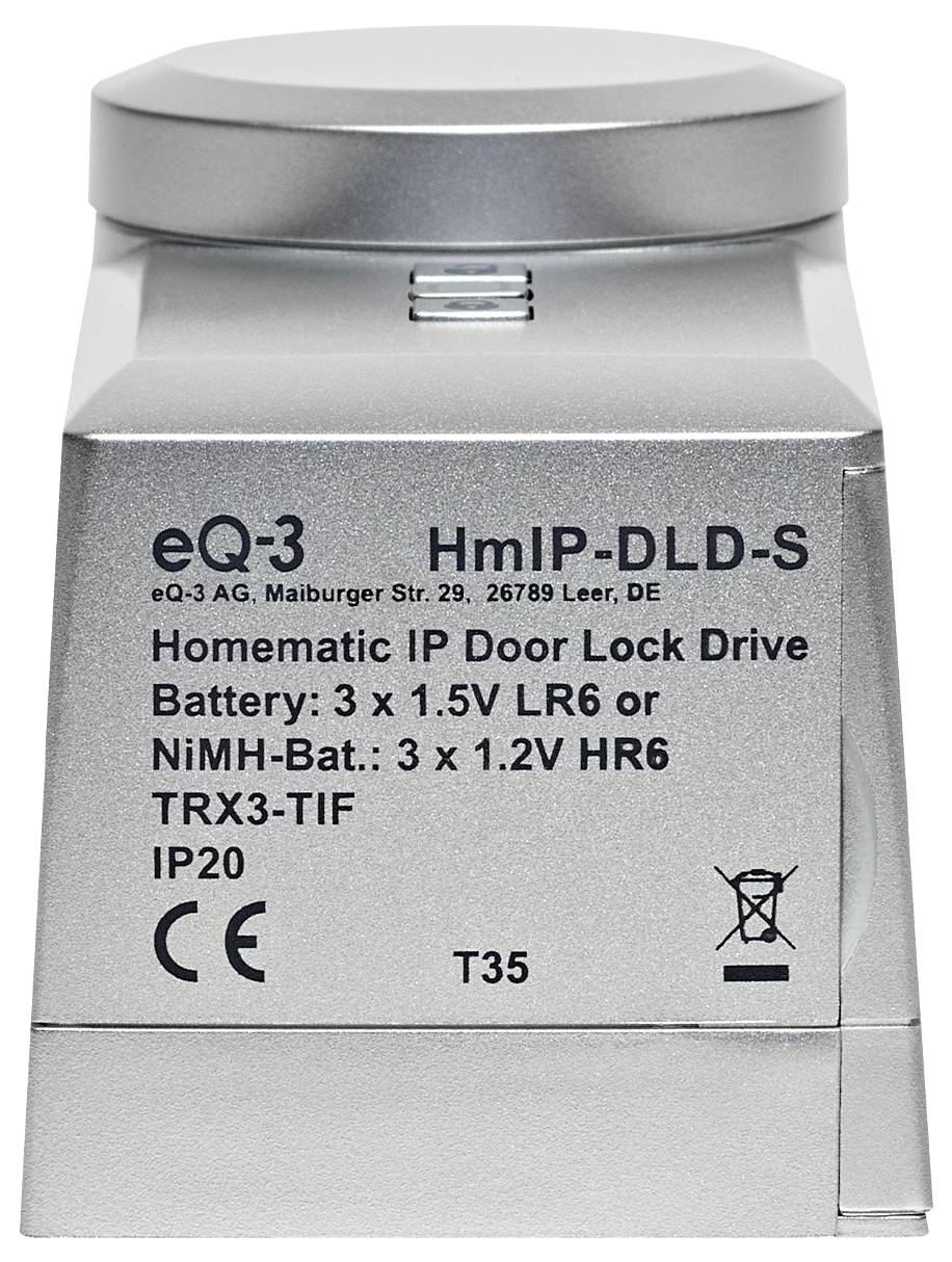 Attuatore per serratura intelligente Homematic IP color argento. Stampigliatura riporta numero di modello e indicazioni batterie: 3x 1,5V LR6 oppure 3x 1,2V HR6.